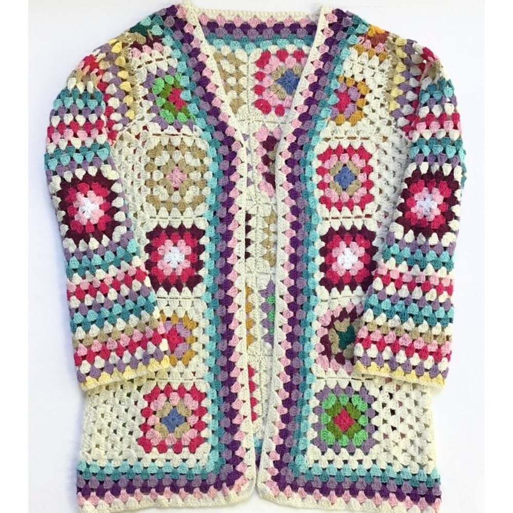 Colorful Granny Square Cardigan Crochet Open Front Sweater Womens M